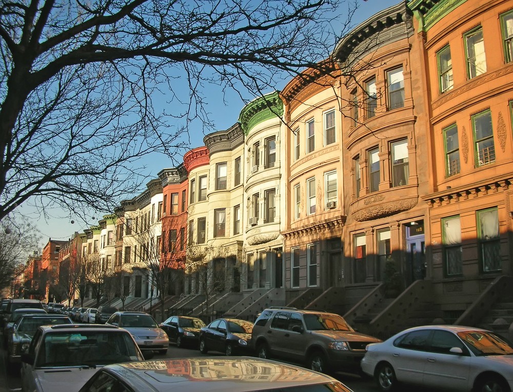 Coloured buildings of Harlem district - New York.