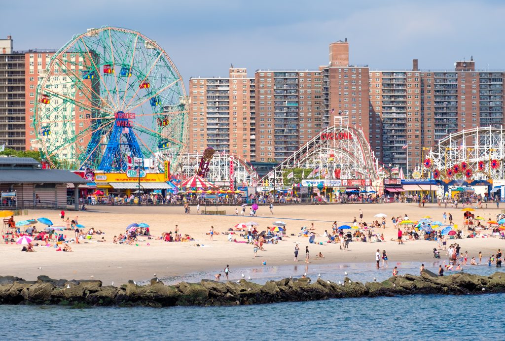 NEW YORK,USA - AUGUST 18,2016 : The beach and the amusement park at Coney Island in New York City