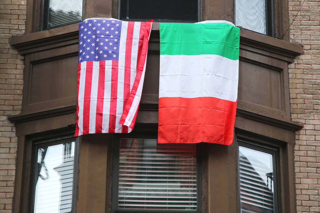 American and Italian flags in Little Italy, New York