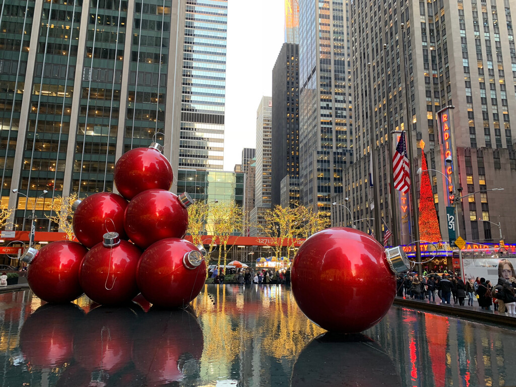 New York City, NY - December 19, 2018: Giant Christmas Ornaments in Manhattan, New York City, USA.
