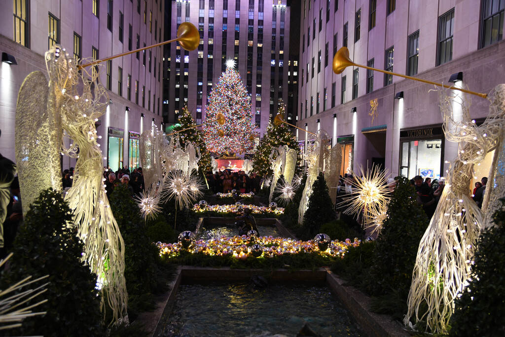 NEW YORK - DECEMBER 4, 2018: Famous Christmas Decoration with Angels and Christmas Tree - Rockefeller Centr on December 4, at New York City, NY.
