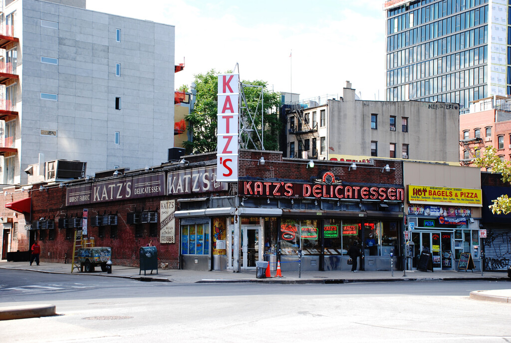 New York City, USA - September 17 2007: New York streets with famous Katz's Delicatessen
