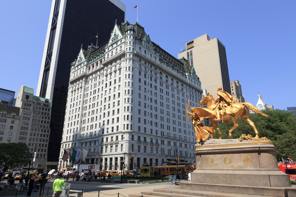 New York, NY, USA - May 25, 2016: Legendary Plaza hotel is a landmark 20-story luxury hotel and condominium apartment.